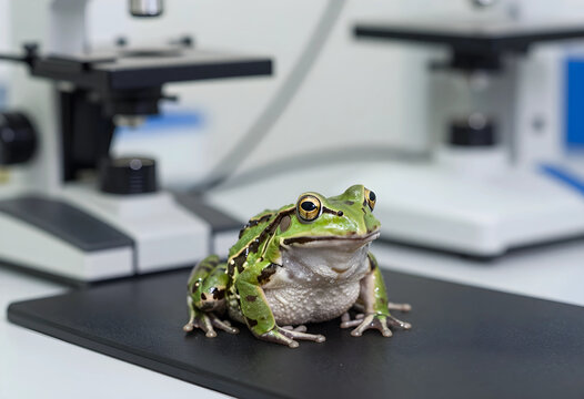 Biological research and scientific study, green frog on laboratory table with microscopes for environmental science and veterinary medicine testing