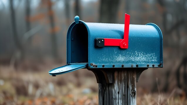 Vintage Blue Mailbox with Raised Red Flag in Rural Countryside