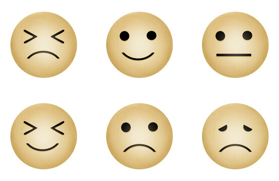 Collection of six rounded yellow emoji faces with varied expressions, including happiness, sadness, frustration, and neutrality, for digital communication and emotional concepts.