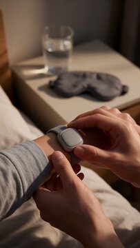 Generative AI person using smartwatch in a bedroom with a glass of water on a nightstand