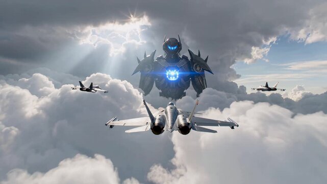 fighter jets fly through sunny sky above clouds toward colossal alien robot mech with glowing blue core in an epic cinematic sci-fi battle encounter