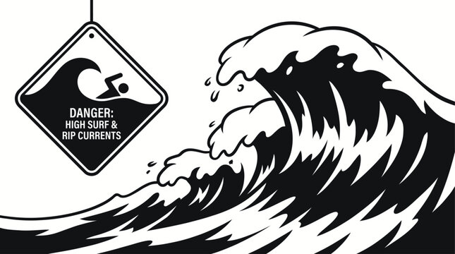 Rip Current Danger Caution Signboard with Big Wave Black and White Graphic