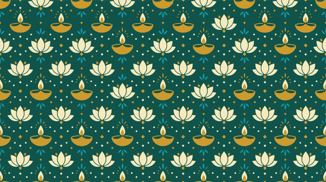 Seamless pattern design with traditional indian oil lamps and lotus flowers for diwali festival celebration