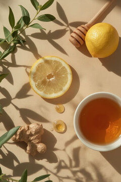 Healthy immune boosting concept with ginger lemon tea, honey and mint leaves for winter wellness remedies
