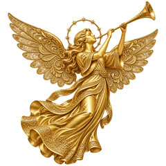 Fototapeta premium Golden angel figurine blowing trumpet, celestial being with large wings and halo, isolated on transparent background. Religious sculpture, holiday decoration, spiritual concept.