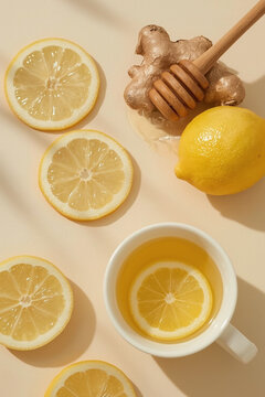 Healthy immune boosting concept with ginger lemon tea, honey and mint leaves for winter wellness remedies
