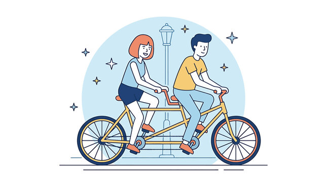 Tandem Bicycle Ride with Couple Cycling Together in Flat Vector Style