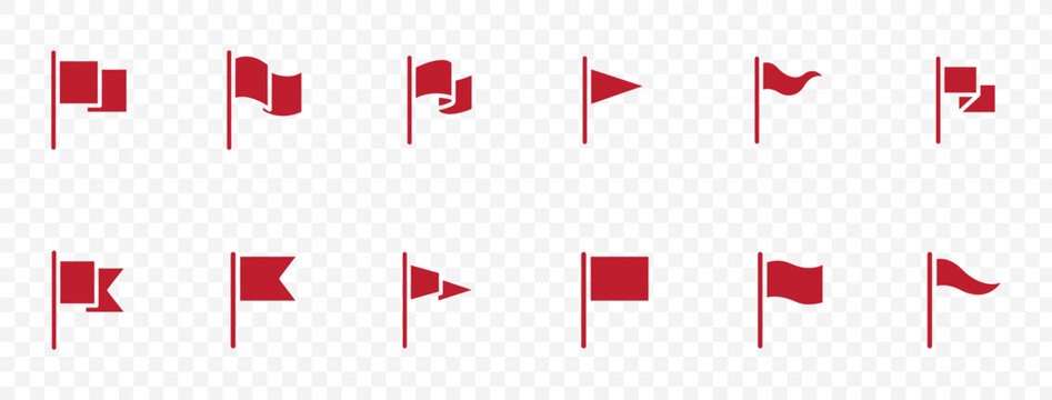 Red flag icons set featuring various waving pennant rectangle triangle and swallowtail shapes on poles vector elements bundle