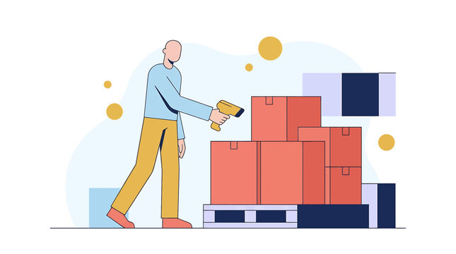 Warehouse Worker Using Digital Scanner for Parcel Logistics Management