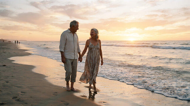 Elderly couple walking on beach, lifestyle photography, copy space, different angle