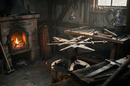 Traditional blacksmith workshop with tools for forging metal in rustic interior