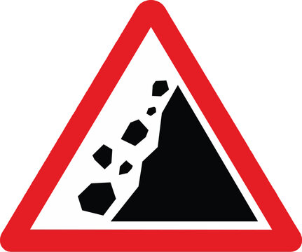 Falling rocks warning sign, red triangular road hazard symbol with black mountain and falling stones, isolated safety traffic sign for landslide and rockfall danger.