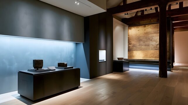 A modern museum gallery with minimalist display cases  wooden beams  and illuminated walls showcasing ancient artifacts