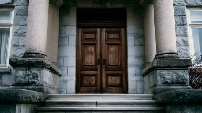 A grand wooden double door framed by stone columns and steps  showing classic architectural design with weathered textures