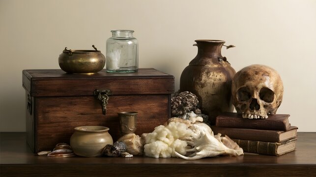 A still life arrangement of vintage objects including a skull  pottery  glass jar  and books on a wooden surface