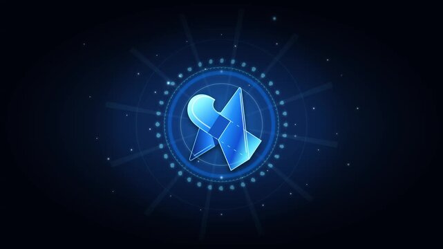 Glowing futuristic digital token spinning smoothly inside complex cybernetic interface featuring deep blue tones