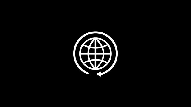 Animated globe icon with rotating arrow line on black background. Motion graphic global connection, internet, worldwide network, web reload, and Earth icon for UI design.