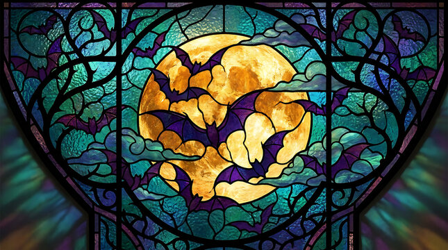 Stained glass window with bats and full moon