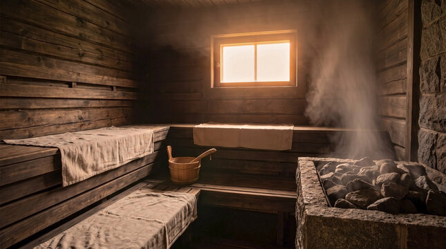 Cozy sauna interior with traditional wooden benches and walls, steaming hot stones creating relaxing atmosphere. Sauna interior offers tranquil escape for wellness and rejuvenation.
