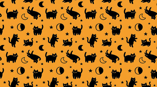 Seamless pattern with cute black cats and moons