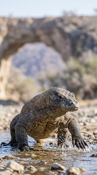 Komodo Dragon Standing in Shallow River Water Near Rock Arch