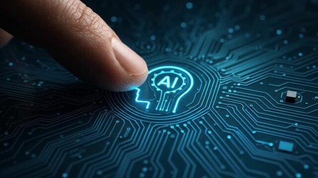 Finger pressing circular AI head icon at center of printed circuit lines in dark office