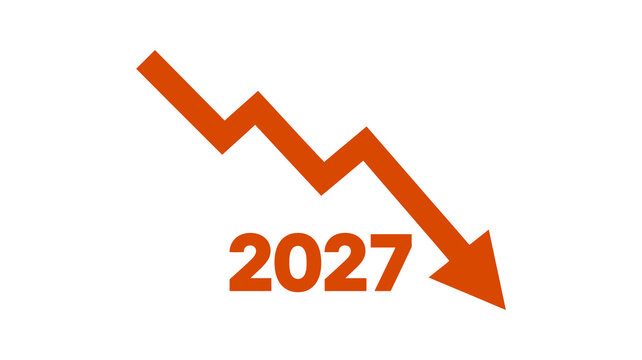 Minimalist red downward trend arrow with 2027 text, business forecast and economic decline concept