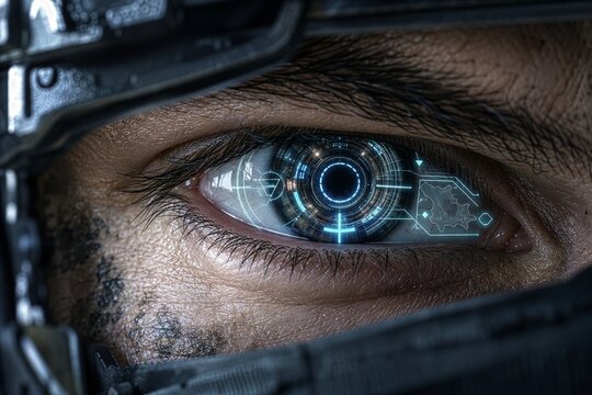 Zbliżenie na oko żołnierza przyszłości wyposażone w bioniczny, technologiczny implant zamiast tęcz&oacute;wki. Na powierzchni oka wyświetlają się generowane przez sztuczną inteligencję dane taktyczne