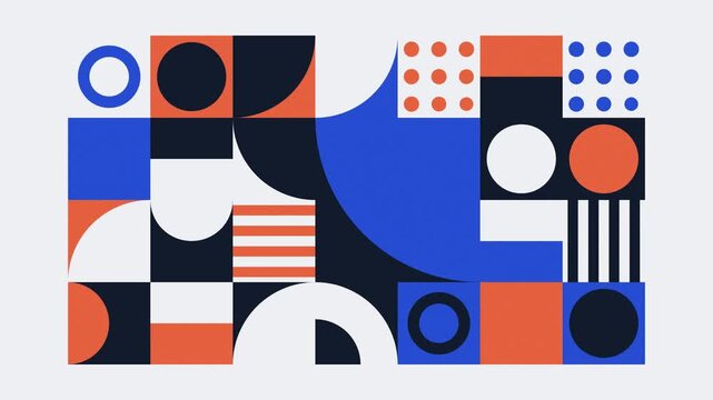 Three abstract geometric panels with blue orange black and white shapes, circles stripes and dots arranged in a grid on a light background