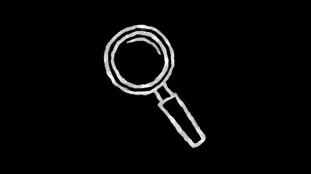 White sketch magnifying glass icon animated loop hand drawn line art search tool motion graphic video on black background for research presentation