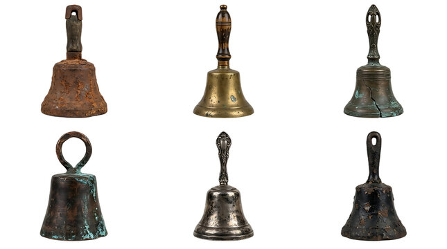 Collection of six antique hand bells with various textures and materials, including rusted, brass, and silver finishes isolated on transparent background