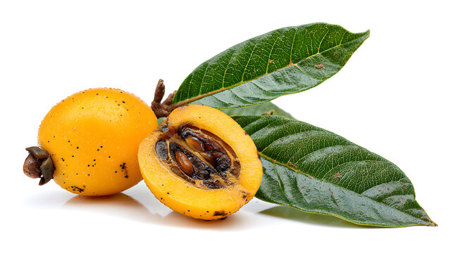 Fresh whole and halved loquat fruit with green leaves isolated on a