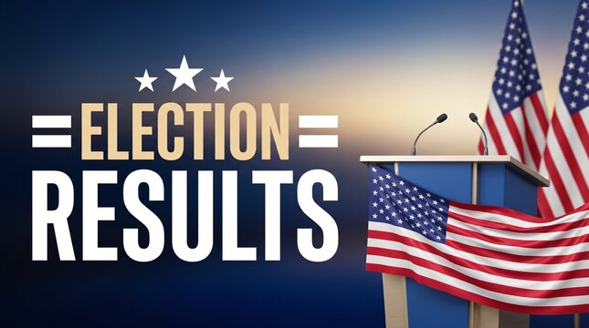 Election results news debate podium background with american flag for united states presidential television broadcast banner and democratic government civic voting report decision concept