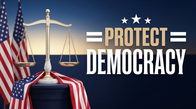 Protect democracy scale of justice background with us flag banner for united states election day constitutional law and judicial integrity concept in federal government voter rights assembly banner