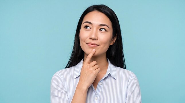 A thoughtful young Asian woman with dark hair, wearing a light blue striped shirt, touches her chin as she looks away with a pensive expression against a solid blue background.