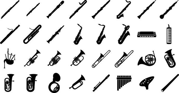 A comprehensive collection of various musical instruments depicted as black silhouettes, including woodwind, brass, and other unique instruments, a pure