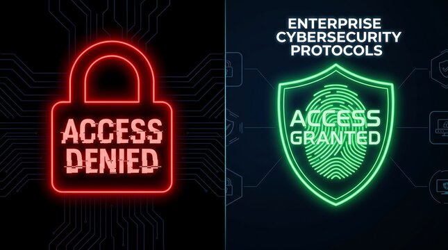 Dark mode digital interface display showing glowing red access denied lock turning into green access granted biometric shield