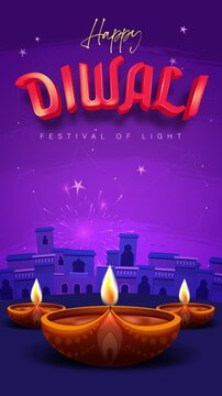  Happy Diwali Festival of Lights with Glowing Diyas and Purple Indian City Silhouette 4K Vertical Motion Graphics Animation