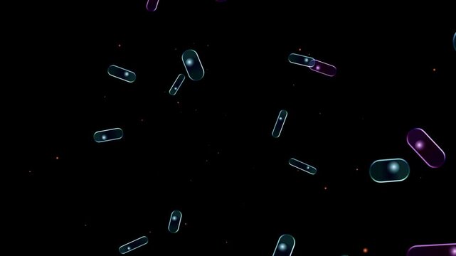 Microscopic glowing cells floating in dark space abstract biological motion background video clip