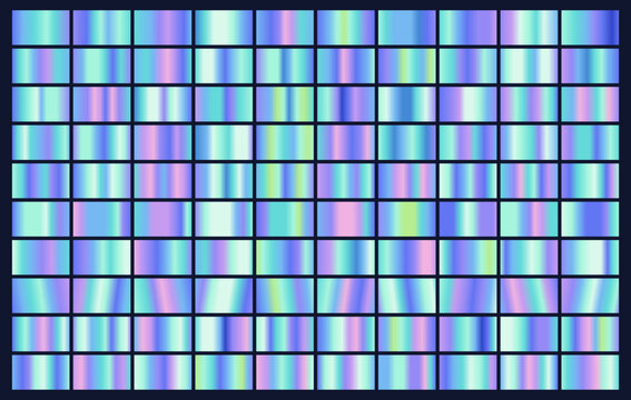 100 holographic gradient vector swatches in a cool spectrum for digital campaigns