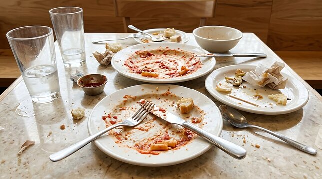 A cluttered table in a restaurant after a meal, with dirty plates, glasses, and leftover food