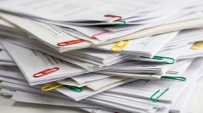 A messy stack of papers and documents with colorful paper clips organized on an office desk