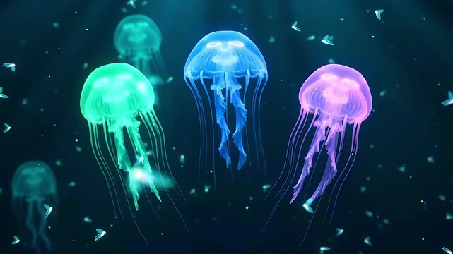 Bioluminescent jellyfish swimming in deep dark ocean water with glowing plankton creating a magical and vibrant underwater scene