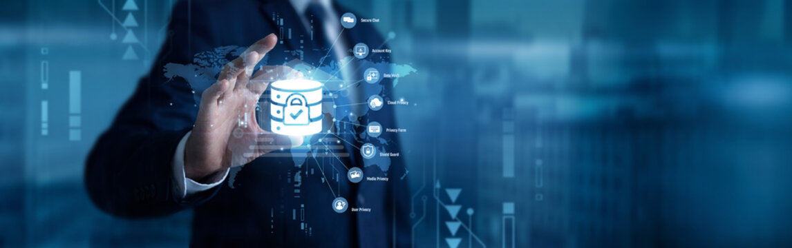 A compliance officer hand raised and fingers are touching a glowing Data Privacy digital network safeguarding confidential info. Secure user identity protection protocol .