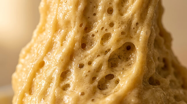 Close-up macro view of bubbly fermenting yeast foam texture, abstract background