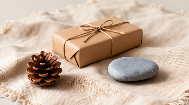 Peaceful minimalist flat lay on raw unbleached linen. Perfect pinecone and smooth grey stone beside a brown paper gift tied with twine. Organic, meditative, and beautifully simple.
