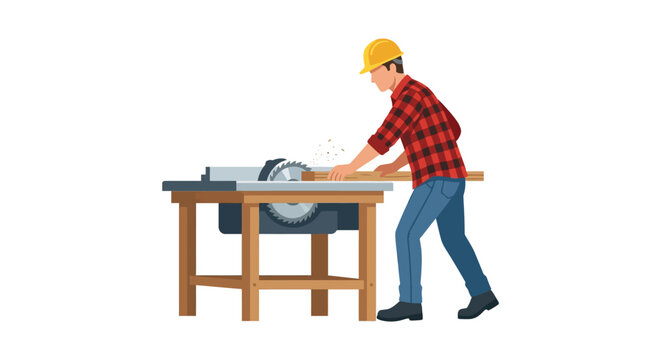 Carpenter cutting wooden planks using a table saw in a professional workshop.