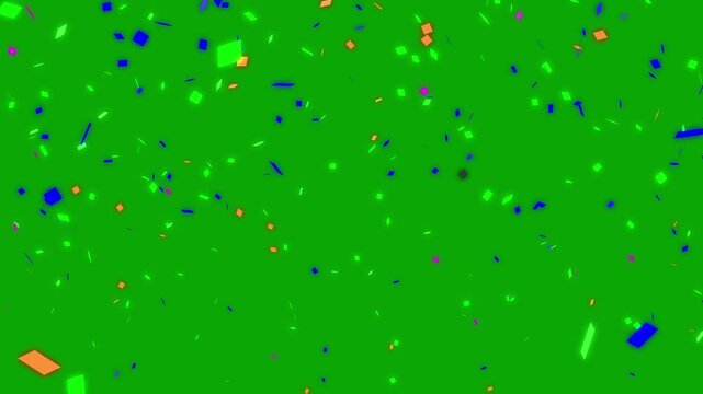 Colorful confetti blast with realistic 3d particles for birthday party celebration in 4k, vibrant paper pieces burst outward in slow motion, festive event overlay and seamless loop green background