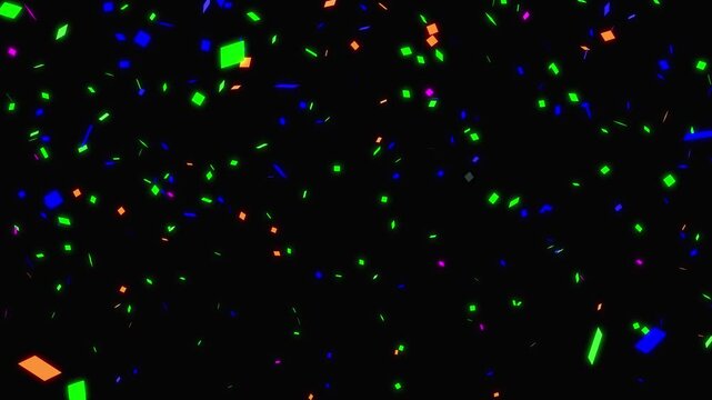 Colorful confetti blast with realistic 3d particles for birthday party celebration in 4k, vibrant paper pieces burst outward in slow motion, festive event overlay and seamless loop black background