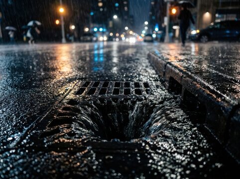 Rainy storm drain overflow on wet city street at night